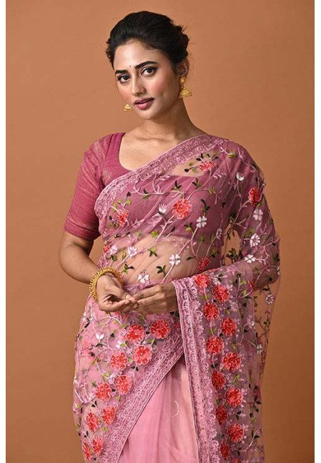 Puce Pink Color Party Wear Designer Embroidery Net Saree (She Saree 1878)