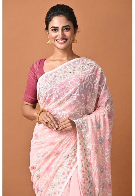 Baby Pink Color Party Wear Designer Embroidery Georgette Saree (She Saree 1879)
