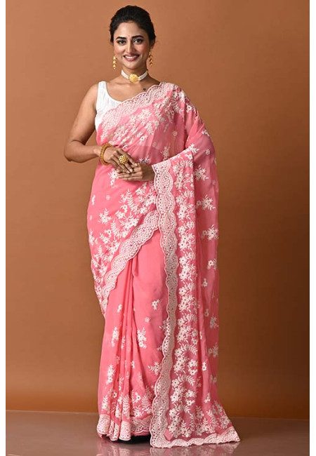 Pink Color Designer Embroidery Party Wear Chiffon Saree (She Saree 1827)