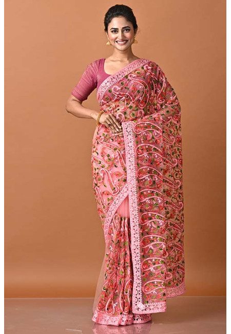 Metallic Pink Color Designer Embroidery Net Saree (She Saree 1881)
