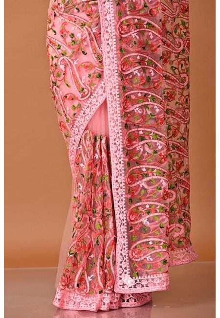 Metallic Pink Color Designer Embroidery Net Saree (She Saree 1881)