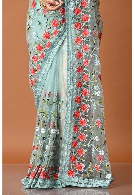 Columbia Blue Green Color Designer Embroidery Net Saree (She Saree 1882)