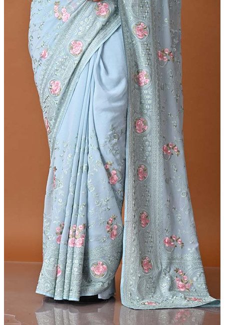 Sky Blue Color Designer Embroidery Chinnon Saree (She Saree 1884)