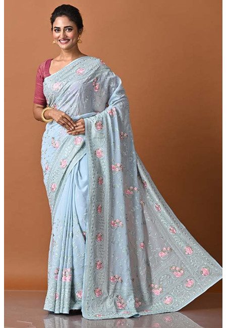 Sky Blue Color Designer Embroidery Chinnon Saree (She Saree 1884)