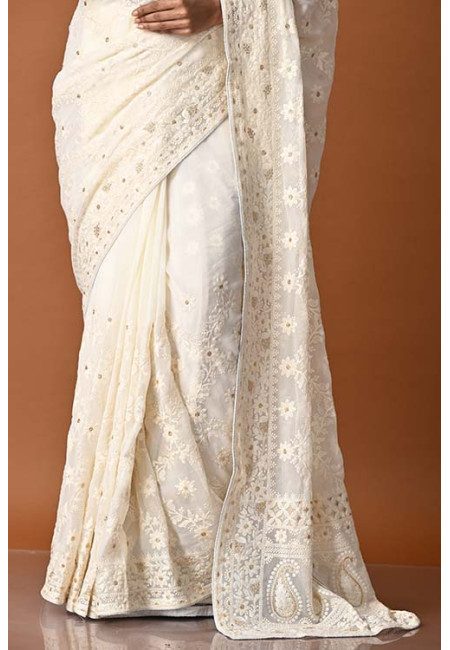Off White Color Designer Embroidery Chiffon Saree (She Saree 1828)