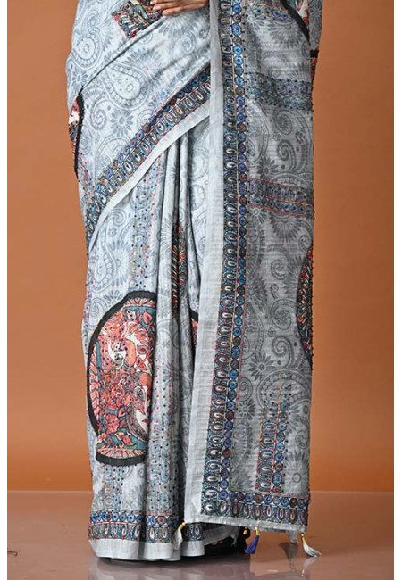 Steel Grey Color Embroidery Tussar Silk Saree (She Saree 1887)