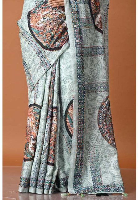 Pastel Green Color Embroidery Tussar Silk Saree (She Saree 1888)