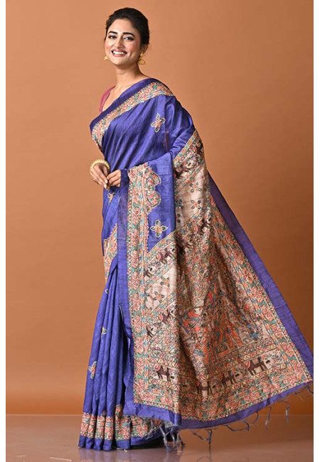 Robin Blue Color Madhubani Embroidery Tussar Silk Saree (She Saree 1889)