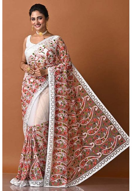 Platinum White Color Party Wear Embroidery Designer Embroidery Net Saree (She Saree 1829)