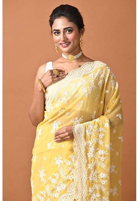 Jasmine Yellow Color Designer Embroidery Partywear Chiffon Saree (She Saree 1821)