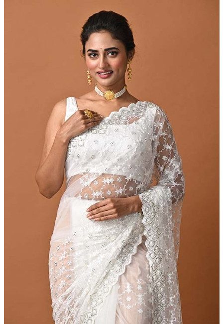 White Color Party Wear Embroidery Designer Net Saree (She Saree 1830)