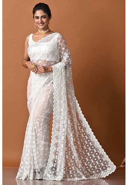 White Color Party Wear Embroidery Designer Net Saree (She Saree 1830)