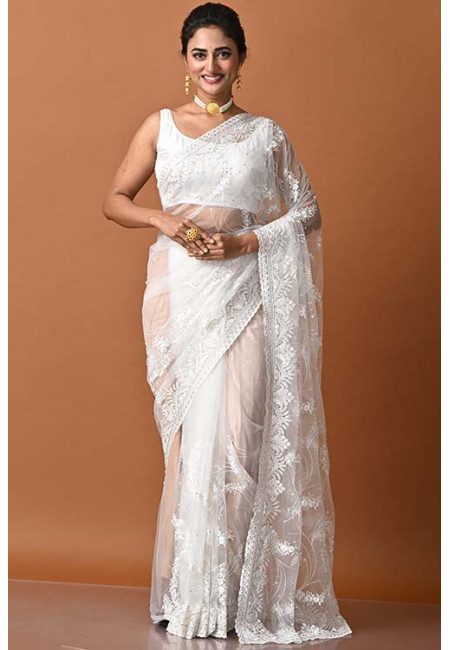 White Color Party Wear Embroidery Designer Net Saree (She Saree 1831)