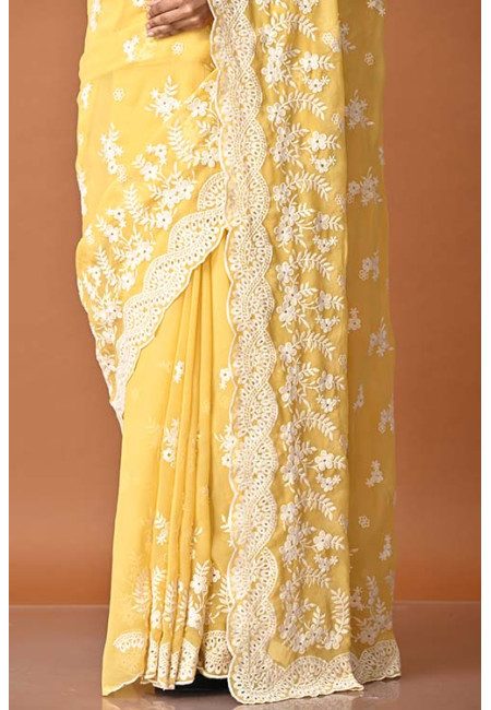 Jasmine Yellow Color Designer Embroidery Partywear Chiffon Saree (She Saree 1821)