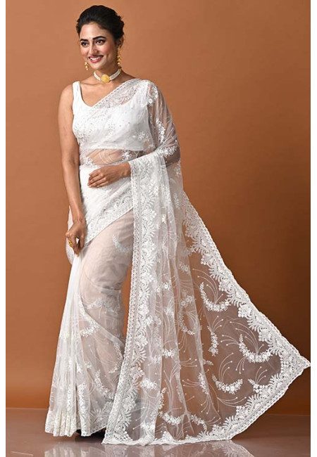 White Color Party Wear Embroidery Designer Net Saree (She Saree 1831)