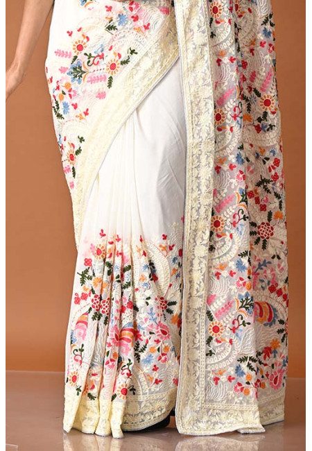 Off White Color Designer Embroidery Party Wear Chiffon Saree (She Saree 1832)