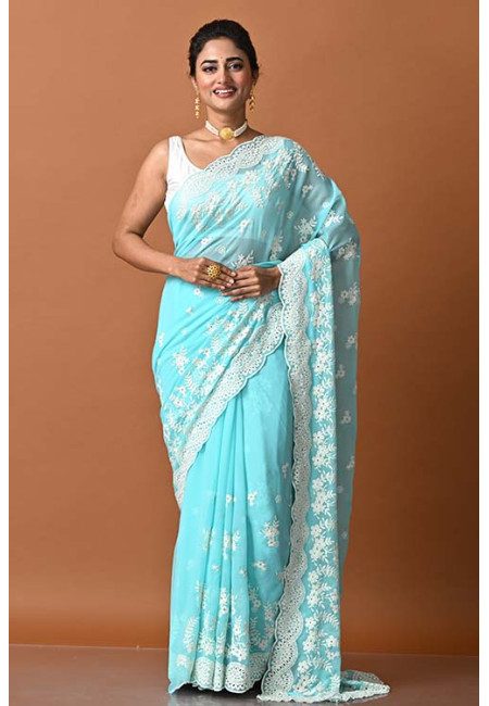 Electric Blue Color Designer Embroidery Party Wear Chiffon Saree (She Saree 1833)