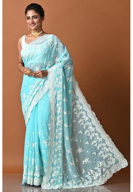 Electric Blue Color Designer Embroidery Party Wear Chiffon Saree (She Saree 1833)