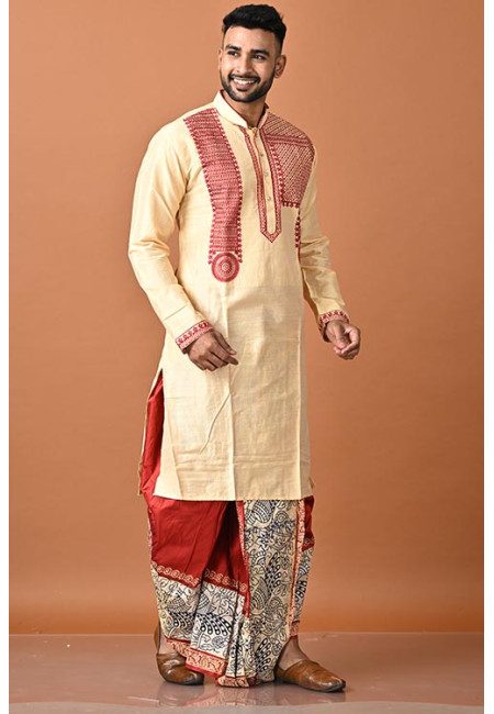 Beige Color Embroidery Raw Silk Punjabi For Men (She Punjabi 728)