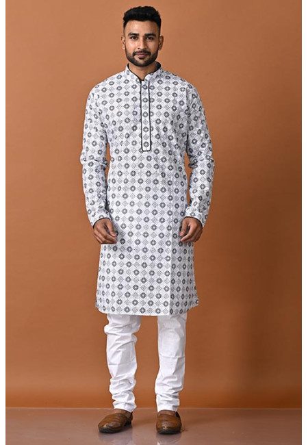 White Color Embroidery Cotton Punjabi Set For Men (She Punjabi 734)