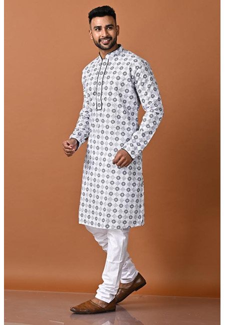 White Color Embroidery Cotton Punjabi Set For Men (She Punjabi 734)