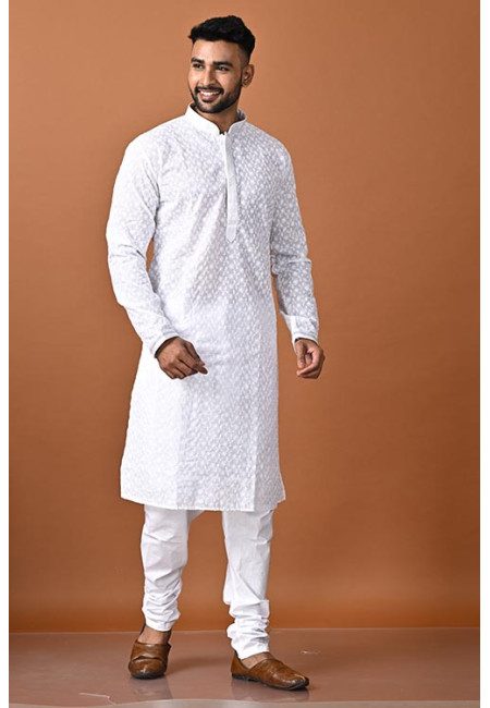 White Color Cotton Chikankari Punjabi Set For Men (She Punjabi 736)