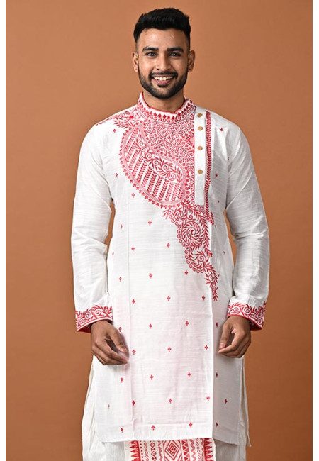 White Color Embroidery Silk Punjabi For Men (She Punjabi 740)