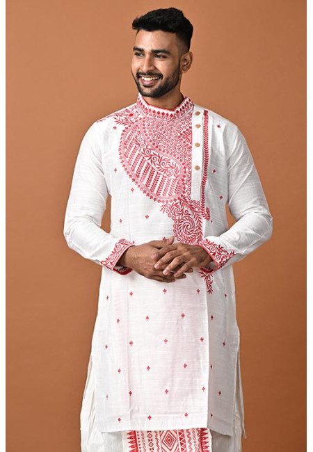 White Color Embroidery Silk Punjabi For Men (She Punjabi 740)