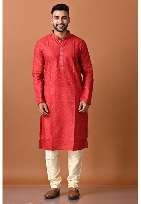 Red Color Handloom Cotton Punjabi Set For Men (She Punjabi 703)
