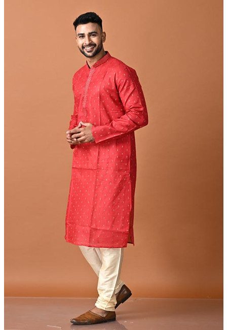 Red Color Handloom Cotton Punjabi Set For Men (She Punjabi 703)