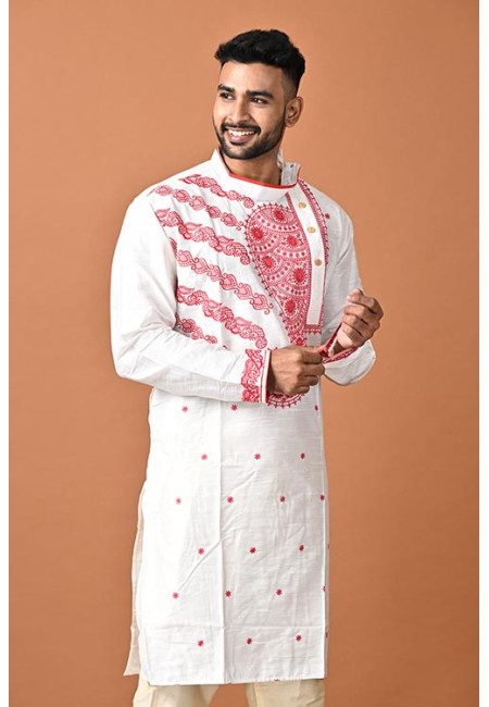 White Color Embroidery Raw Silk Punjabi For Men (She Punjabi 723)