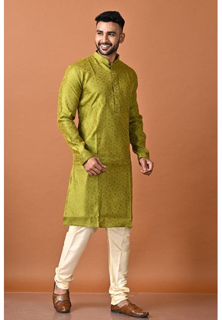 Olive Green Color Jacquard Silk Punjabi Set For Men (She Punjabi 726)