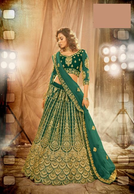 Deep Green Color Designer Net Bridal Lehenga (She Lehenga 517)