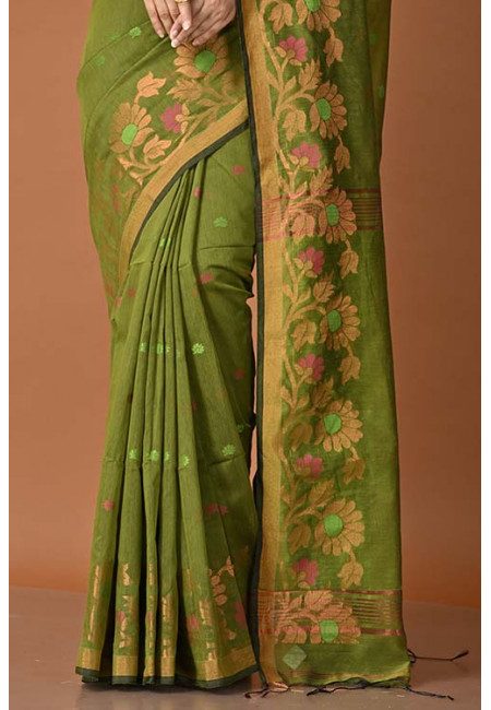 Old Moss Green Color Handloom Cotton Saree (She Saree 1460)