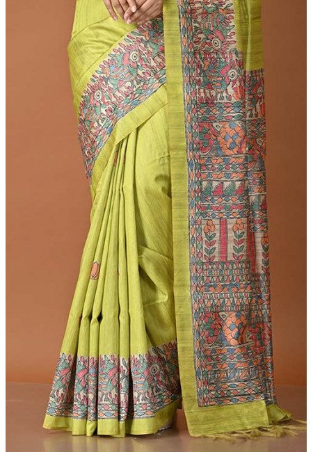 Strow Green Color Madhubani Printed Art Tussar Silk Saree (She Saree 1465)