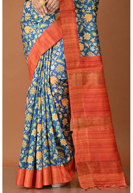 Deep Cyan Blue Color Printed Art Tussar Silk Saree (She Saree 1467)