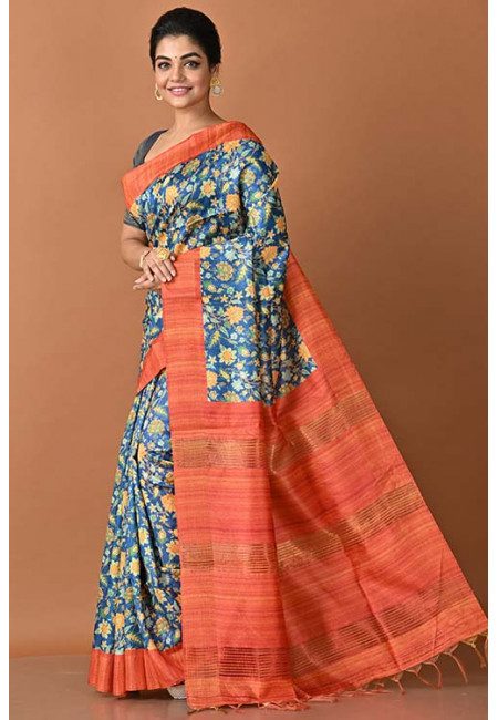 Deep Cyan Blue Color Printed Art Tussar Silk Saree (She Saree 1467)
