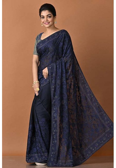 Midnight Blue Color Designer Embroidery Chiffon Saree (She Saree 1472)