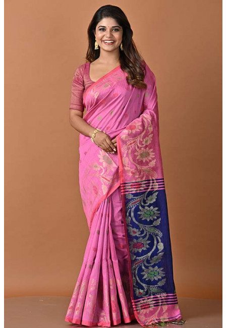 Deep Pink Color Contrast Handloom Cotton Saree (She Saree 1483)