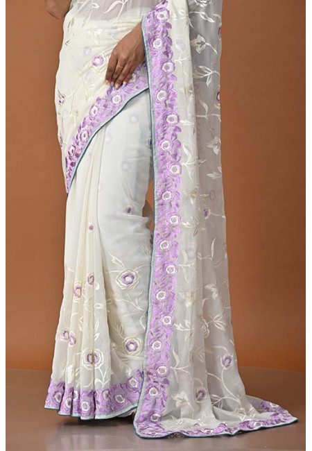 Off White Color Embroidery Chiffon Saree (She Saree 1499)