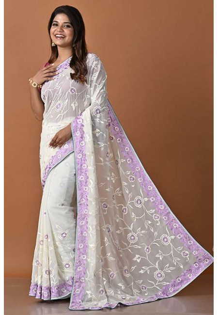 Off White Color Embroidery Chiffon Saree (She Saree 1499)