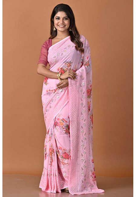 Pink Color Digital Printed Embroidery Chiffon Saree (She Saree 1501)