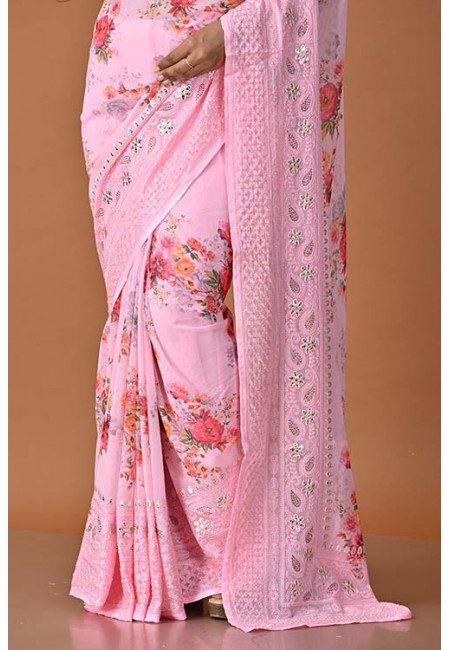 Pink Color Digital Printed Embroidery Chiffon Saree (She Saree 1501)