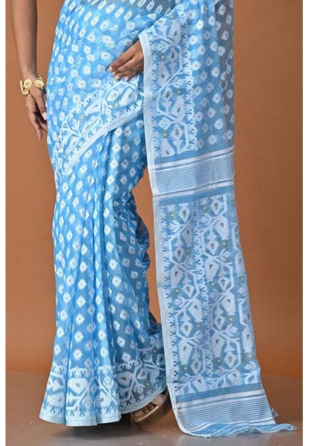 Sky Blue Color Contrast Soft Dhakai Jamdani Saree (She Saree 1509)