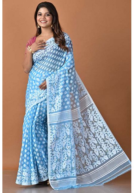 Sky Blue Color Contrast Soft Dhakai Jamdani Saree (She Saree 1509)