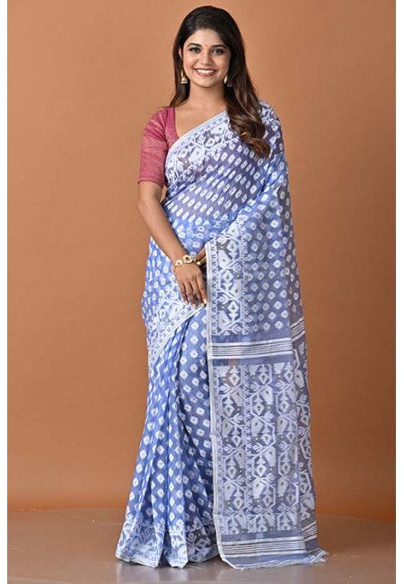 Light Royal Blue Color Contrast Soft Dhakai Jamdani Saree (She Saree 1510)
