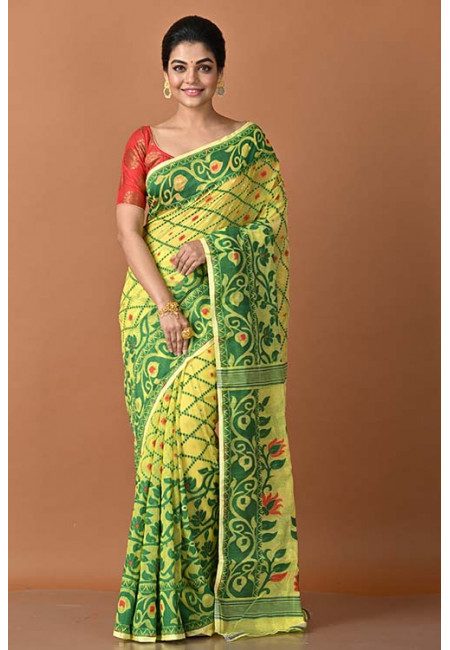 Yellow Color Contrast Soft Dhakai Jamdani Saree (She Saree 1515)