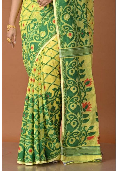 Yellow Color Contrast Soft Dhakai Jamdani Saree (She Saree 1515)