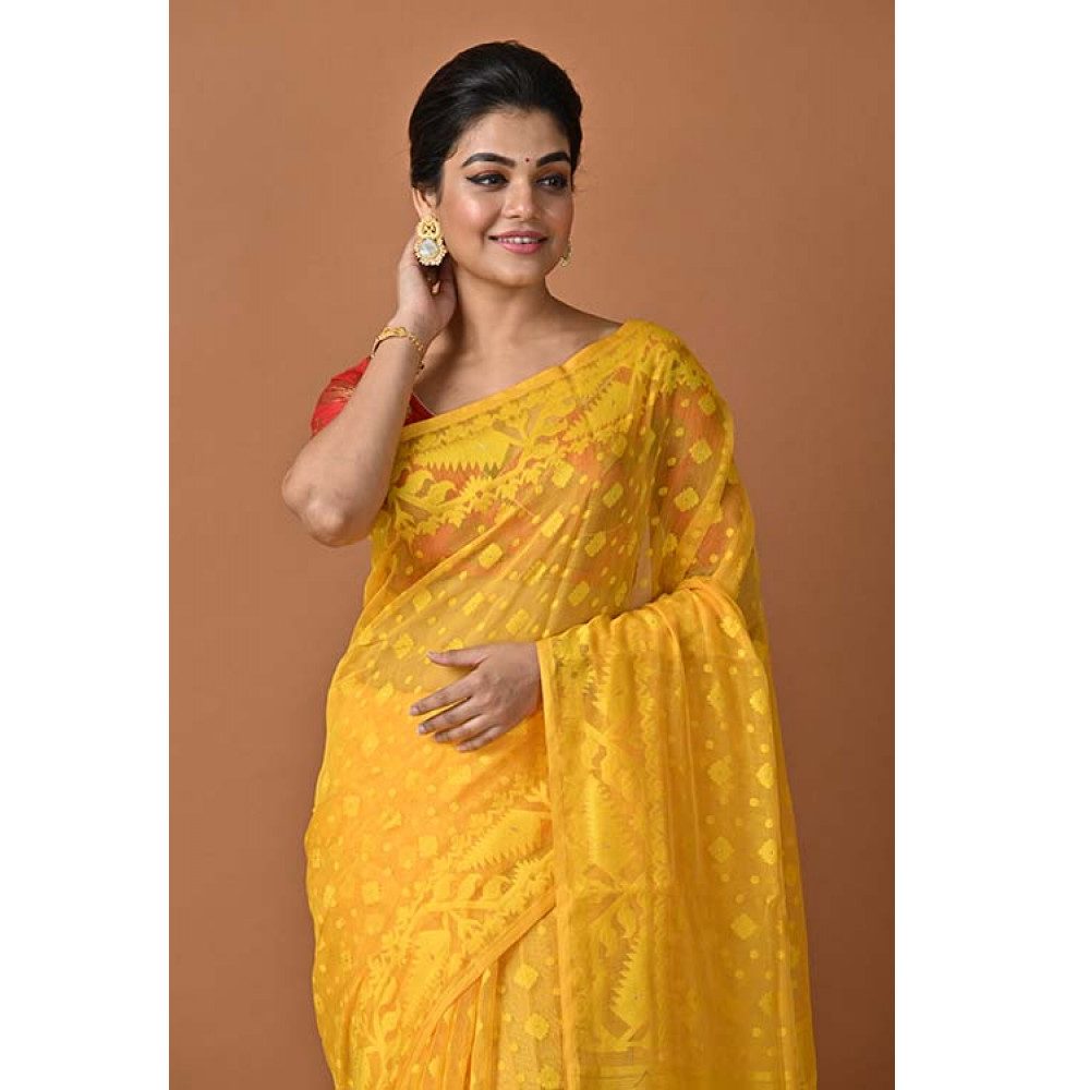 Wonderful Allover Yellow Soft Dhakai Jamdani Saree – WeaversIndia