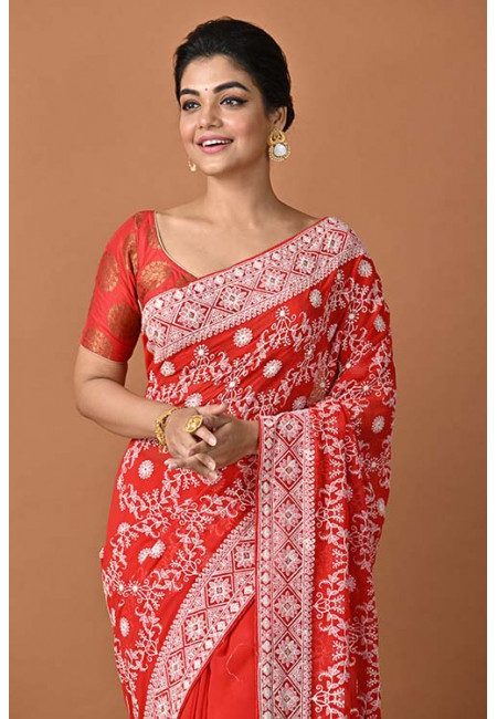 Red Color Contrast Embroidery Designer Chiffon Saree (She Saree 1525)